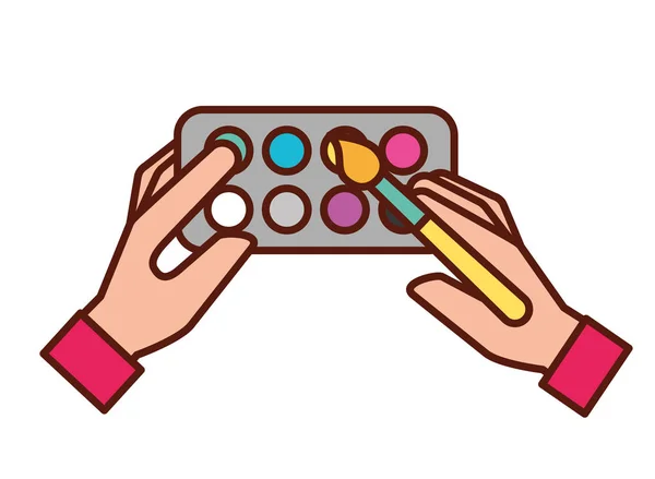 Руки, що тримають щітку художню кольорову палітру — стоковий вектор