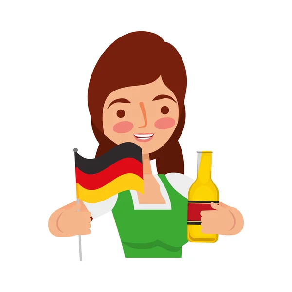 Mujer bavariana sosteniendo cerveza botella y bandera — Vector de stock