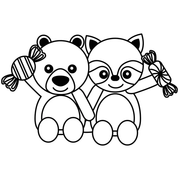 かわいいクマとアライグマの甘いキャンディー — ストックベクタ