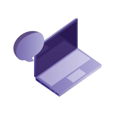 konuşma kabarcığı isometrik simgesi ile dizüstü bilgisayar