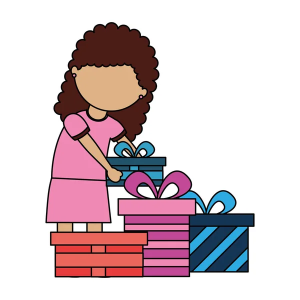 Fille avec de nombreuses boîtes-cadeaux d'anniversaire — Image vectorielle