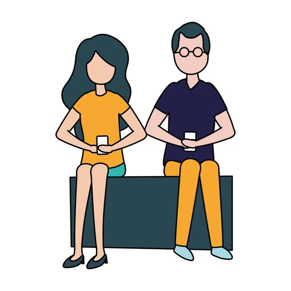 Νεαρό ζευγάρι με smartphone avatar χαρακτήρων — Διανυσματικό Αρχείο