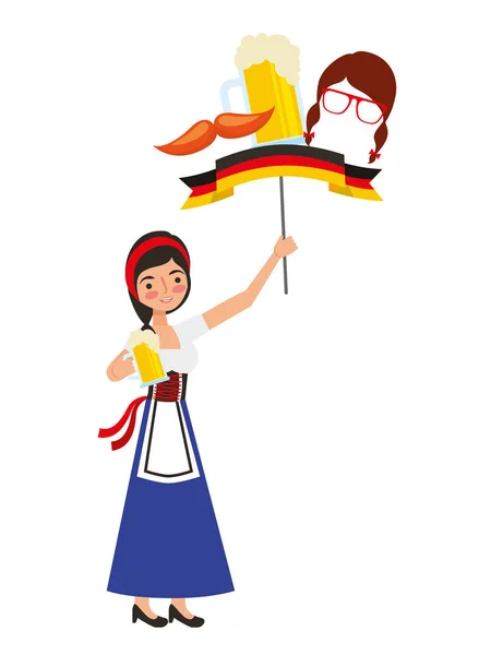 Mujer bavariana con la cerveza y la bandera bigote símbolo — Vector de stock