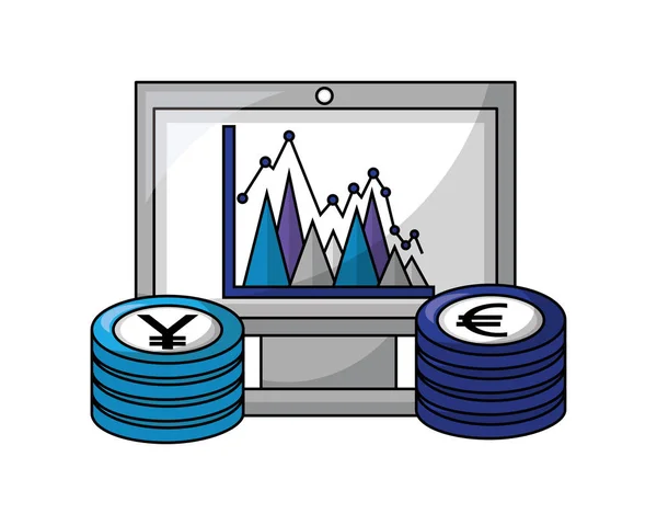 Euro-och yen-verksamhet i dator — Stock vektor