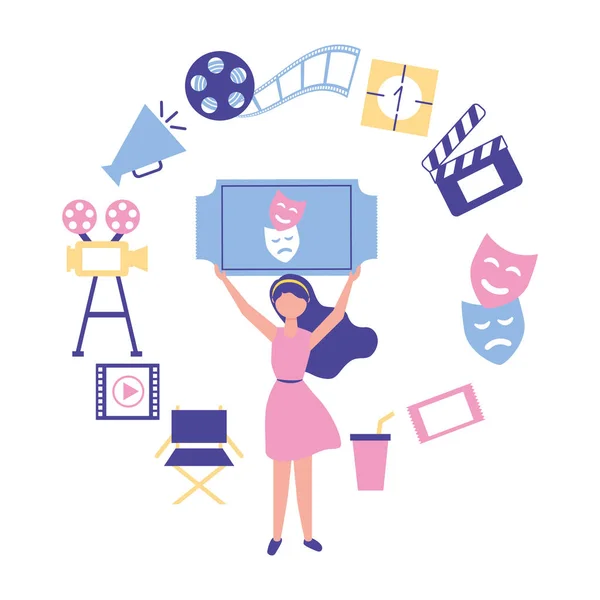 Mujer sosteniendo entrada cine producción película — Vector de stock