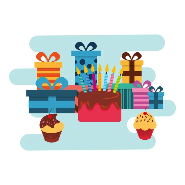 Doğum günü hediyeleri ve tatlı kek ve cupcakes — Stok Vektör