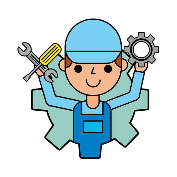 Pracownik trzymający sprzęt i narzędzia usługi motoryzacyjne — Wektor stockowy