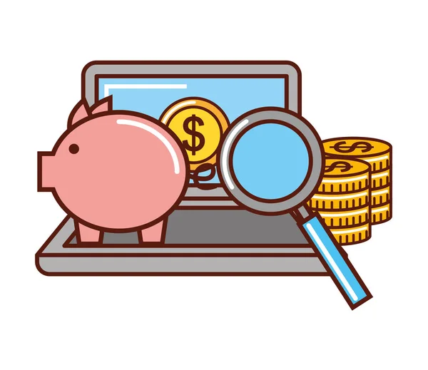 Business piggy bank money coins laptop magnifying glass — Stock Vector