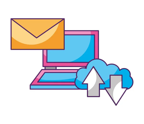 Laptop cloud υπολογιστικό ταχυδρομείο αποστολή λήψη δεδομένων Αποθήκευση — Διανυσματικό Αρχείο