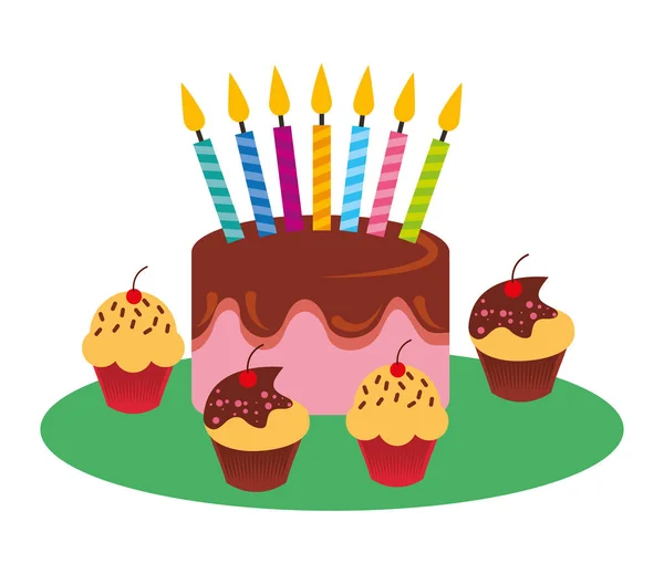 Pastel de cumpleaños con velas cupcakes dulces — Vector de stock