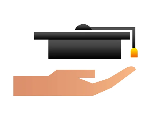 Hand met hoed afstuderen geïsoleerde pictogram — Stockvector