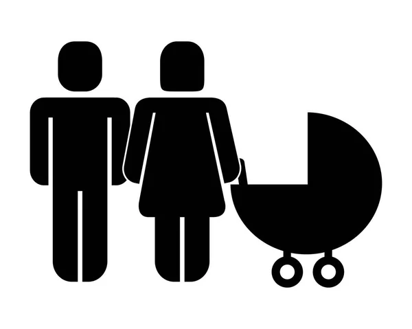 Vader en moeder met baby Pram pictogram — Stockvector