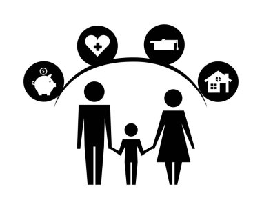 yaşam simgeleri ile anne ve oğlu siluetleri