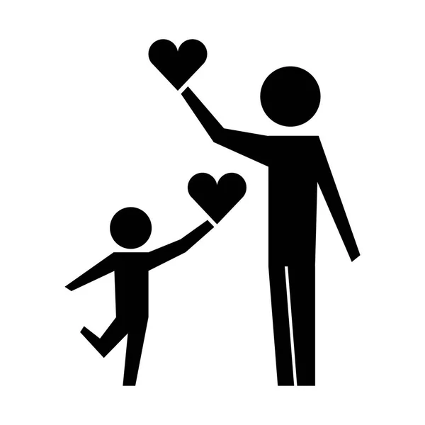 Pai e filho com corações silhueta ícone isolado — Vetor de Stock