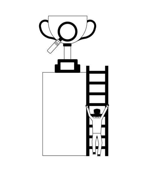 Бізнесмен піднімається сходами з трофеєм і збільшуючим склом — стоковий вектор