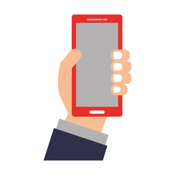 Hand met geïsoleerde apparaatpictogram smartphone — Stockvector