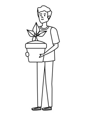 Genç adam saksıda saksı kaldırıyor.