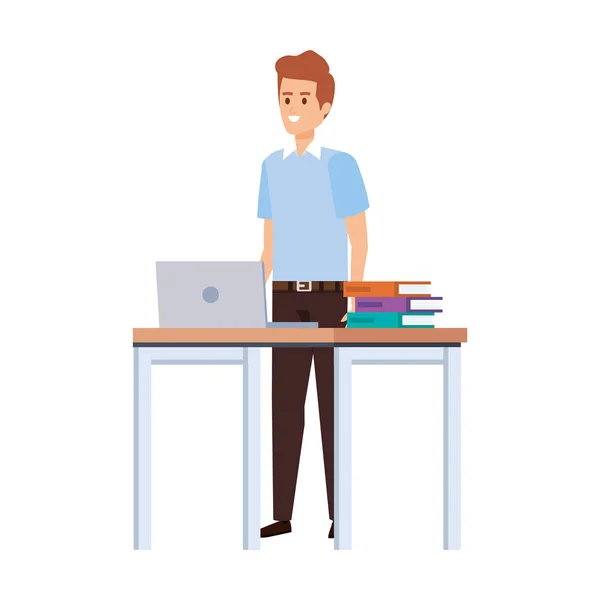 Junge Lehrerin am Schreibtisch mit Laptop und Büchern — Stockvektor