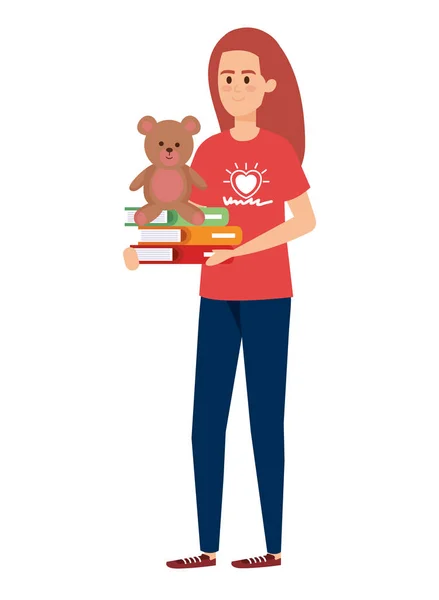 Жінка-доброволець з книгами і ведмідь Тедді — стоковий вектор
