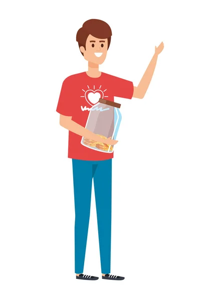 Jeune homme bénévole avec des dons pièces en bocal — Image vectorielle