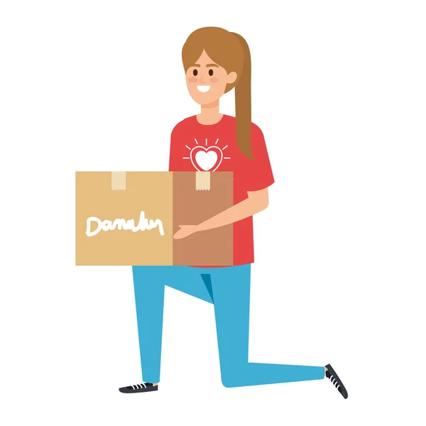 Mladá žena dobrovolník zvedání dary box — Stockový vektor