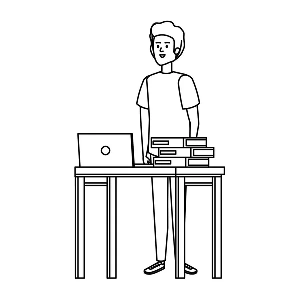 Jovem professor na mesa com laptop e livros — Vetor de Stock