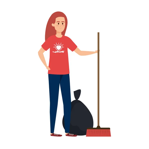 Young woman volunteer with garbage bag with broom — 스톡 벡터