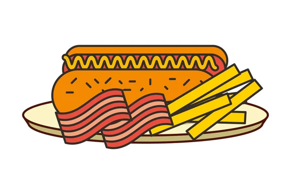 Hot dog patatine fritte e pancetta fast food — Vettoriale Stock