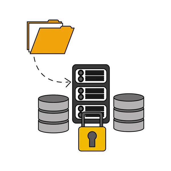 Data center disks with server and set icons — Stock Vector