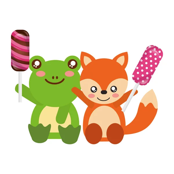 Cute frog and fox sweet candies — Stock Vector