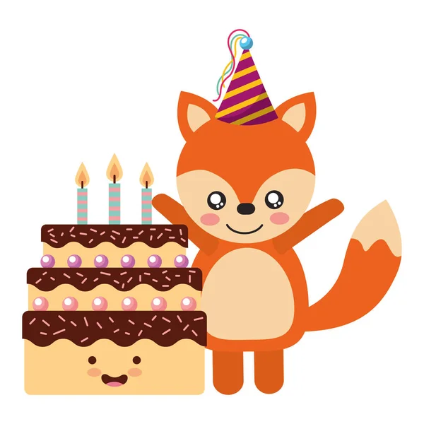 Lindo zorro y pastel kawaii cumpleaños — Vector de stock