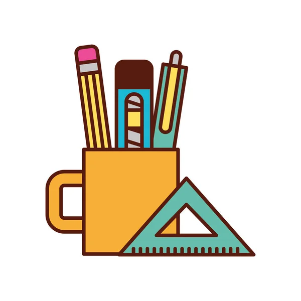 Дерев'яний різак для олівців всередині чашки та лінійки інструментів графічний дизайн — стоковий вектор