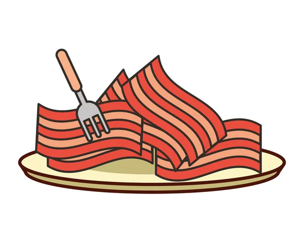 Trozos de tocino fresco con tenedor alimentos — Vector de stock