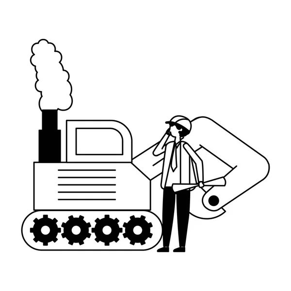 Architect man with blueprints and bulldozer truck — Stock Vector