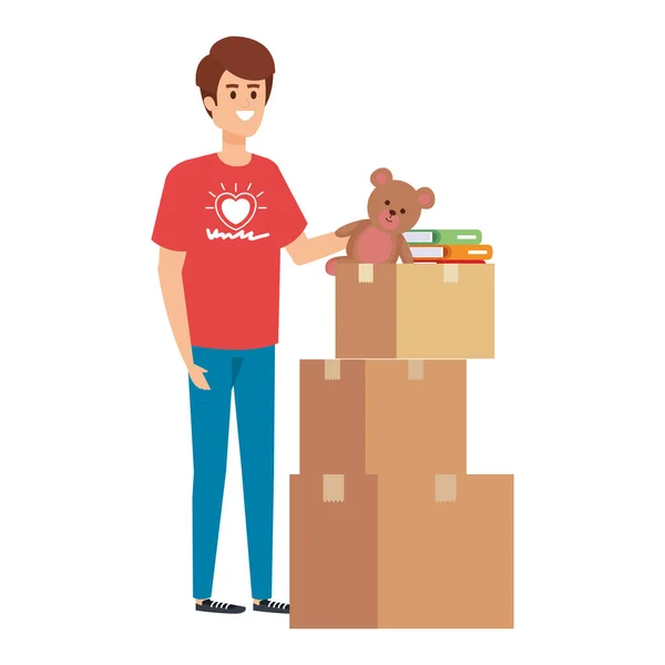 Joven voluntario con cajas de donaciones — Vector de stock