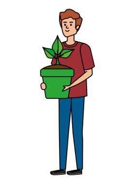 Genç adam saksıda saksı kaldırıyor.