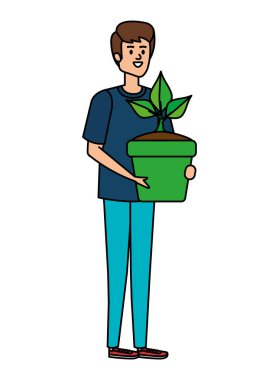 Genç adam saksıda saksı kaldırıyor.