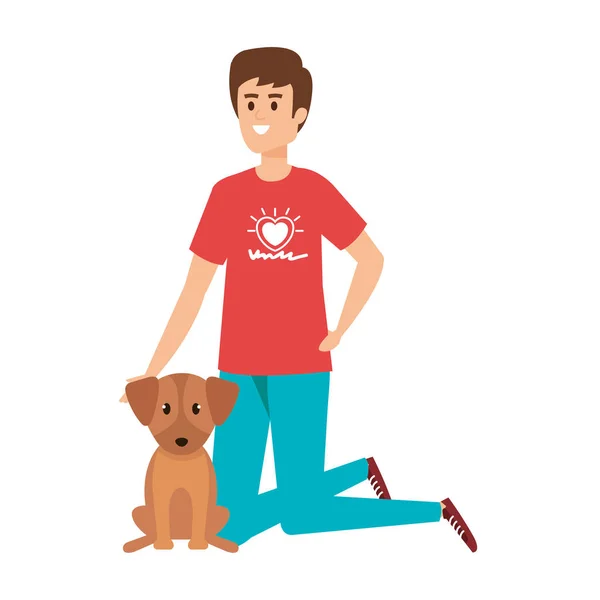 Young man volunteer with cute dog — 스톡 벡터