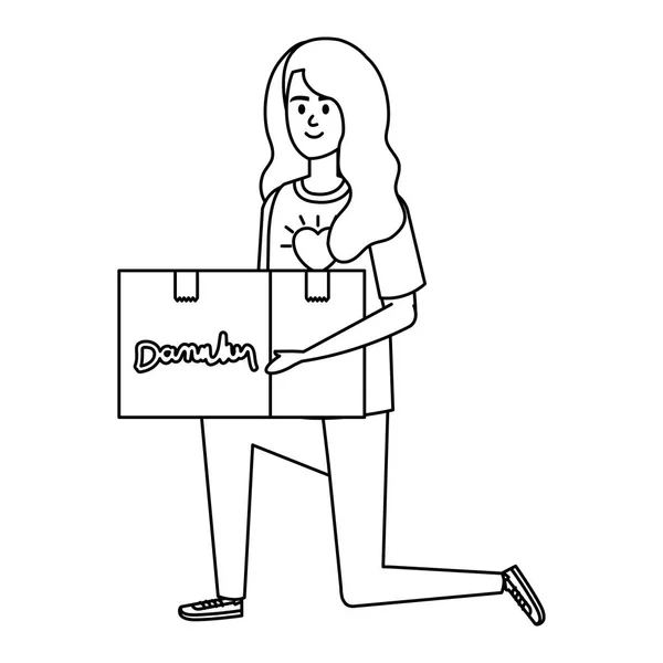 Молода жінка-доброволець піднімає коробку пожертвувань — стоковий вектор