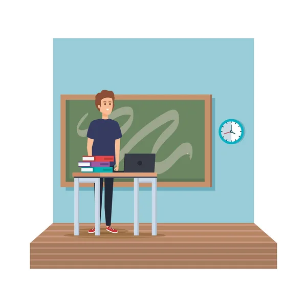 Δάσκαλος στο γραφείο με φορητό υπολογιστή και βιβλία σκηνή τάξη — Διανυσματικό Αρχείο