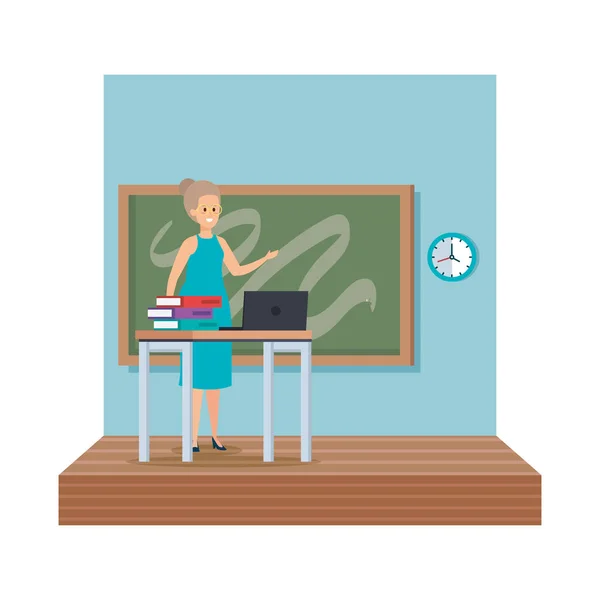 Profesora mujer en escritorio con portátil y libros escena en el aula — Vector de stock