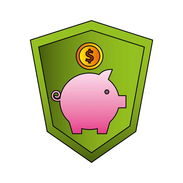 Ahorro cerdito con dinero y escudo icono aislado — Archivo Imágenes Vectoriales