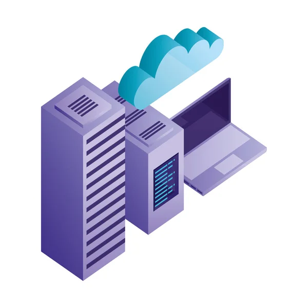 Computer portatile con dati server e cloud computing isometrico — Vettoriale Stock