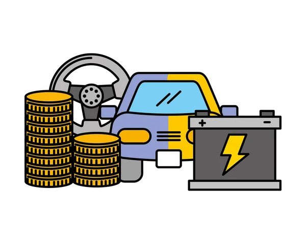 Soldi d'affari monete auto batteria ruota — Vettoriale Stock