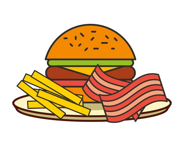 Hamburger patatine fritte e pancetta fast food — Vettoriale Stock