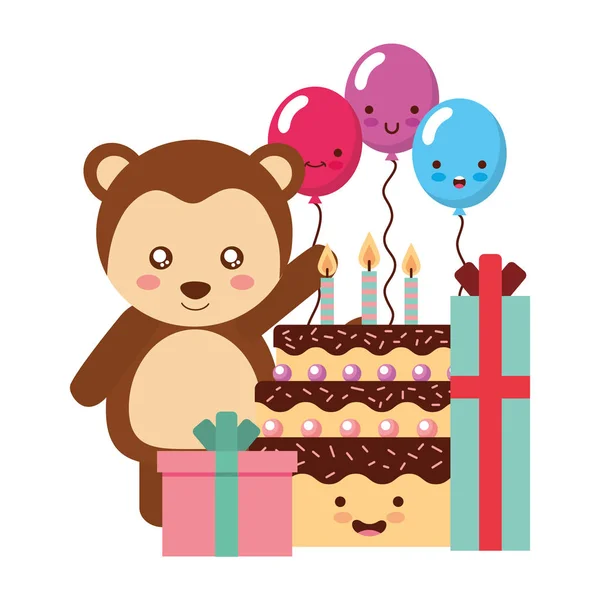 Lindo mono regalos y globos kawaii cumpleaños — Vector de stock