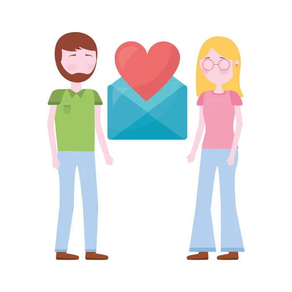 Paar mit Briefumschlag und Herz-Symbol — Stockvektor