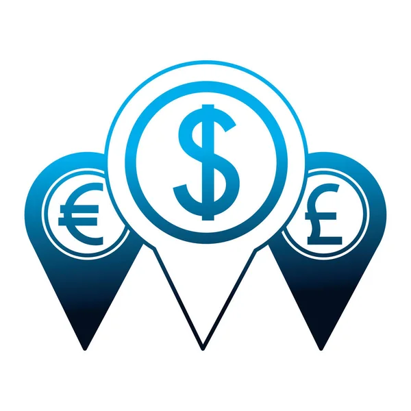 Pointer location money dollar euro and pound — Stock Vector