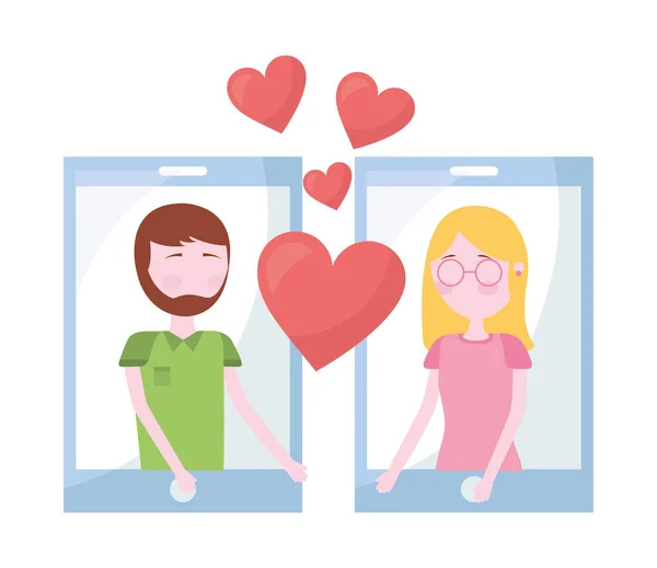 Par i smartphone med hjärtan isolerad ikon — Stock vektor