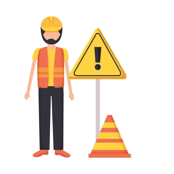 Señal de precaución de tráfico de trabajador de construcción — Vector de stock